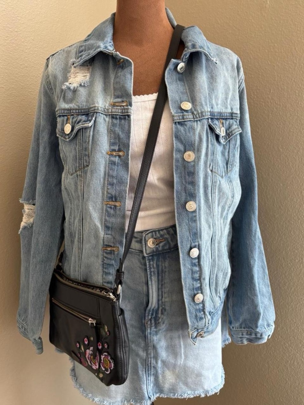 Forever 21 blue denim jacket with distressed details, size S.